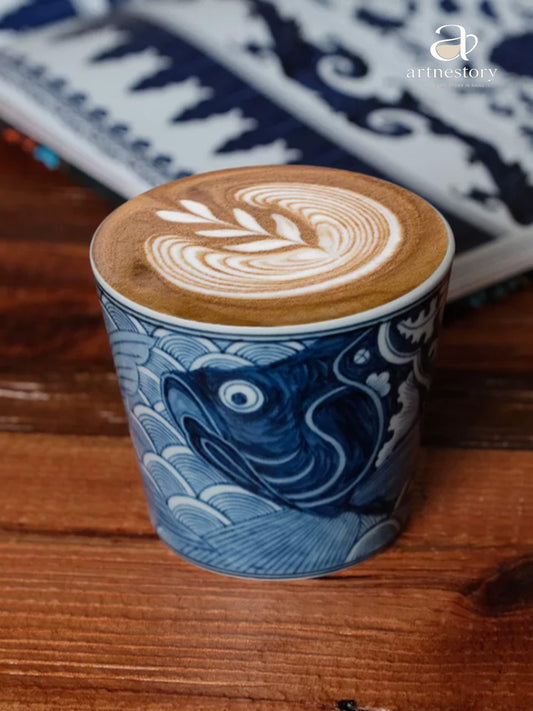 Wood-fired Blue & White Big Head Fish Grip Cup